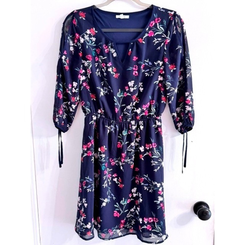 Navy Floral Chiffon Cold Shoulder Mini Dress XS Tie Sleeve party casual brunch